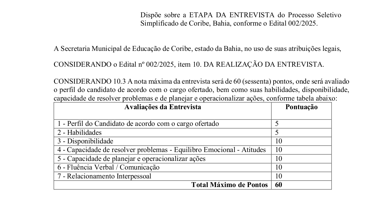 Coribe publica resultado parcial do Processo Seletivo nº 002/2025 para contratação na Educação
