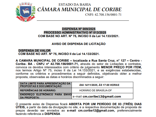 Câmara Municipal de Coribe abre dispensa emergencial para produtos básicos — mas qual a urgência?