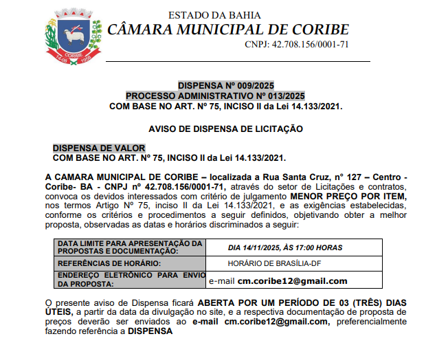 Câmara Municipal de Coribe abre dispensa emergencial para produtos básicos — mas qual a urgência?