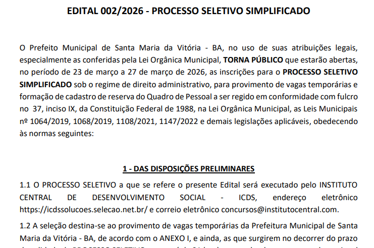 Santa Maria da Vitória abre processo seletivo simplificado para diversas áreas; salários chegam a R$ 3,8 mil