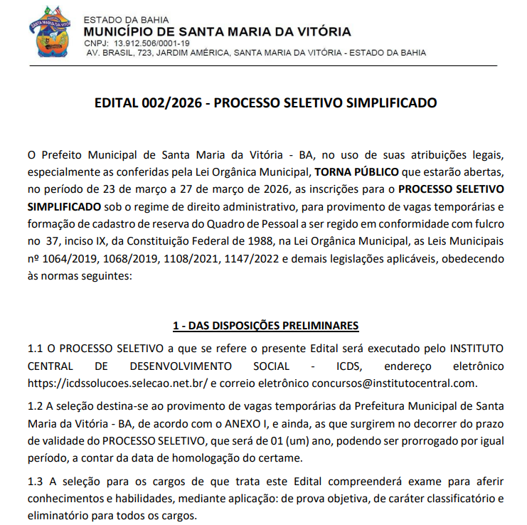 Santa Maria da Vitória abre processo seletivo simplificado para diversas áreas; salários chegam a R$ 3,8 mil